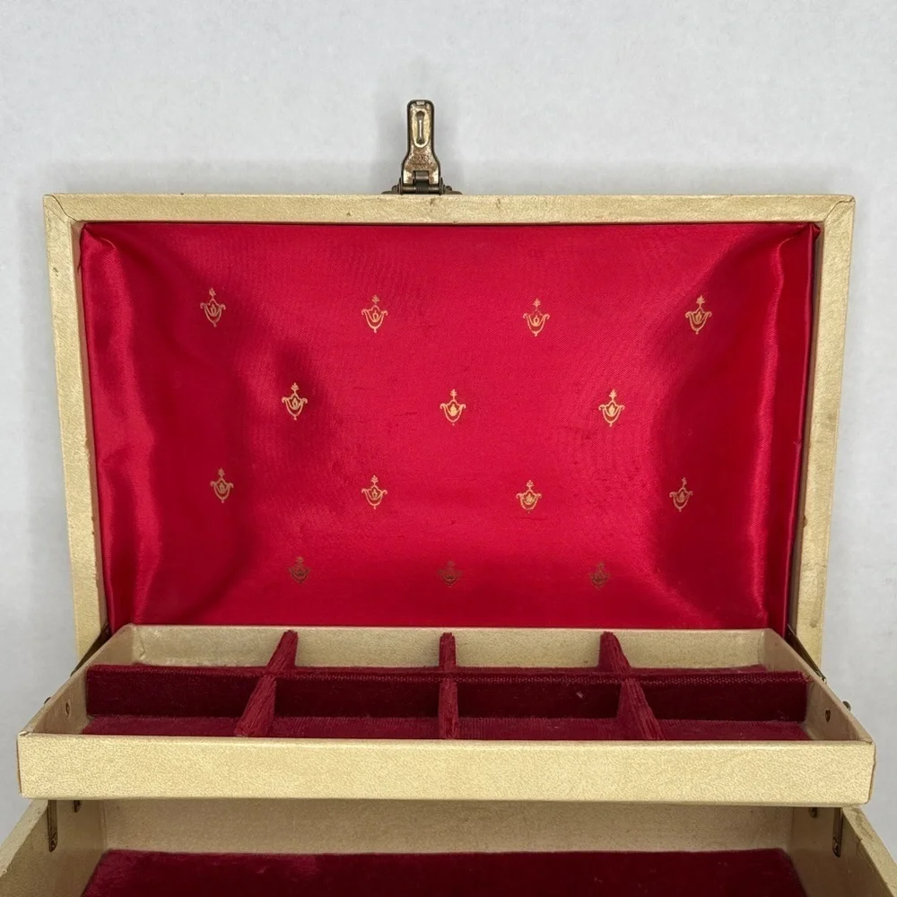 1950s Mele Leatherette Red Lined Jewelry Box With Compartments & Latch (no key)